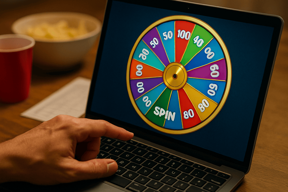 Hand about to spin a digital prize wheel on a laptop during game night.